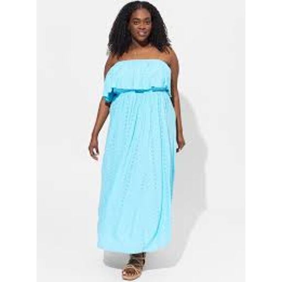 Torrid - Maxi Eyelet Strapless Smocked Dress - Blue Topaz-Women's Sz 2 ( 18/20) - Picture 1 of 9